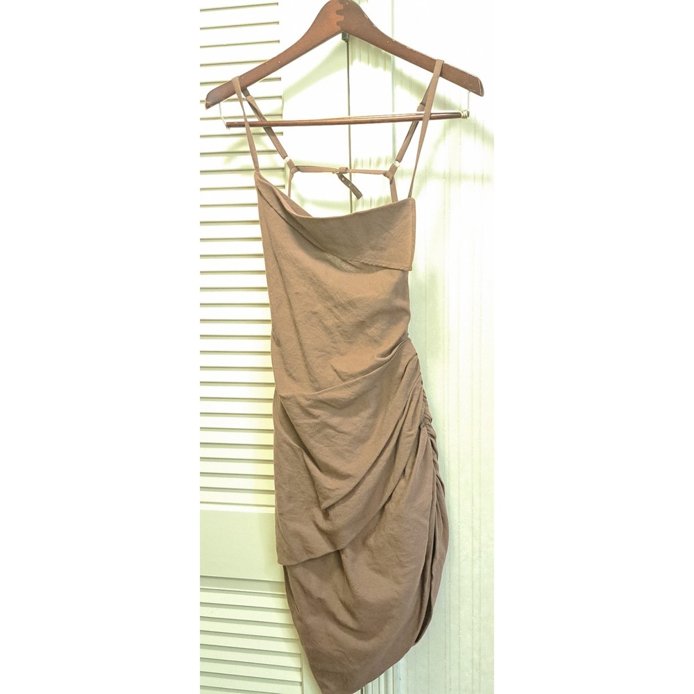 Jacquemus Brown Ruched‎ Asymmetrical Hem Spaghetti Strap Dress - Picture 9 of 16